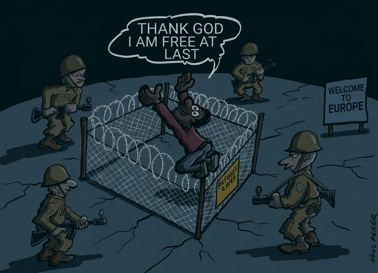 Karikatur eines Flüchtlings in einem Stacheldrahtlager, umgeben von bewaffneten Soldaten; daneben ein Schild „Welcome to Europe“.